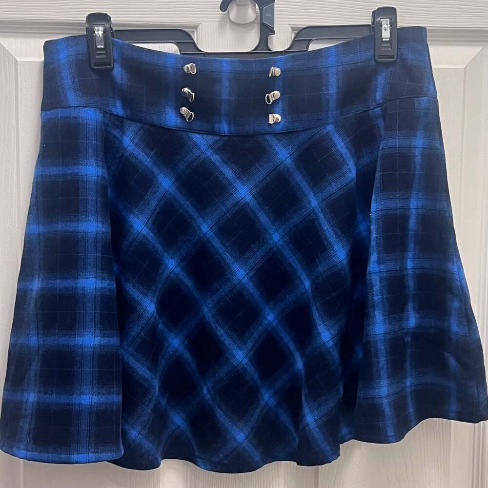 TONCHENGSD Womens 2XL Blue Plaid Skater Skirt High Waist Flared Gothic Punk Y2K